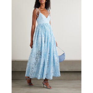NWT ERDEM Gathered Broderie Anglaise Poplin Midi Dress Blue US 6 Wedding Guest